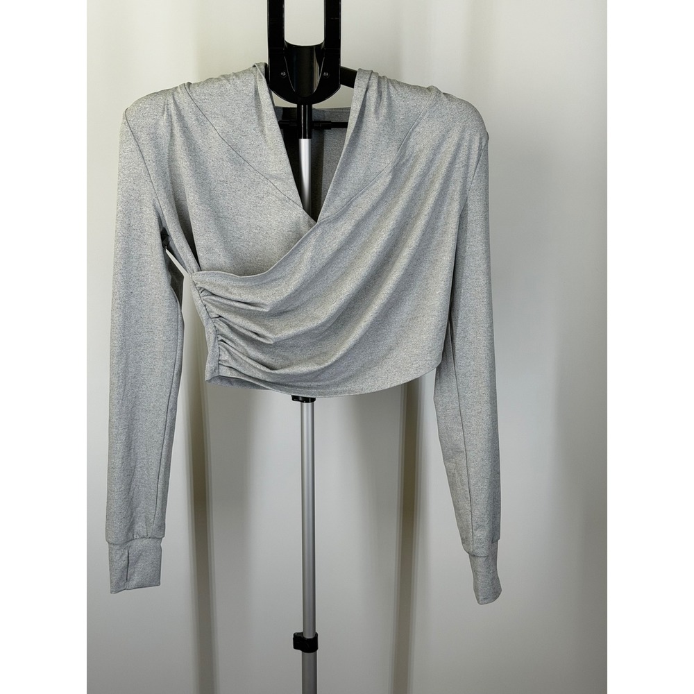 Halara Gray Wrap Front Cropped Hoodie Long Sleeve Thumbhole XS Activewear Top